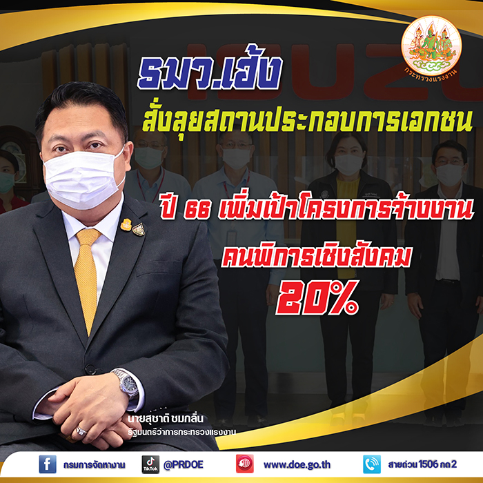 กระทรวงแรงงานพร้อมลุย เดือนตุลาคม รุก 15 สถานประกอบการเอกชน เร่งเครื่องส่งเสริมการจ้างงานคนพิการเชิงสังคม ปี 66 เพิ่มเป้า 20%