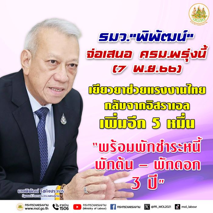 รมว."พิพัฒน์" จ่อเสนอ ครม.พรุ่งนี้ (7 พ.ย.66) เยียวยาช่วยแรงงานไทยกลับจากอิสราเอล เพิ่มอีก 5 หมื่น พร้อมพักชำระหนี้ พักต้น – พักดอก 3 ปี