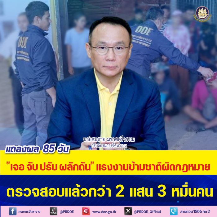 กรมการจัดหางาน แจงผลปฏิบัติการ “เจอ จับ ปรับ ผลักดัน” 85 วัน ตรวจสอบแรงงานข้ามชาติกว่า 2 แสน 3 หมื่นคน ดำเนินคดีกว่า 1 พัน 5 ร้อยคน